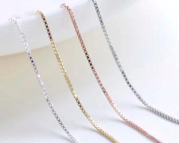 925 Sterling Silver Square Box Necklace Chain 16" 18" Link Width 0.8mm Silver/Platinum/Gold/Rose Gold