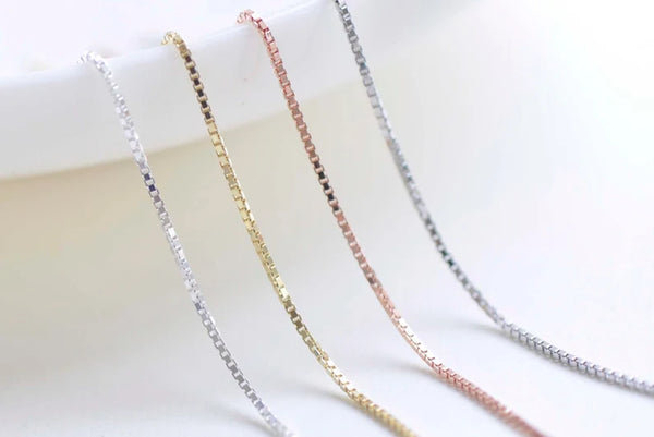 925 Sterling Silver Square Box Necklace Chain 16" 18" Link Width 0.65mm Silver/Platinum/Gold/Rose Gold