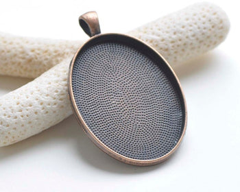 Antique Copper Pendant Tray Oval Cameo Base Setting Match 30x40mm Cabochon Set of 5 A7166