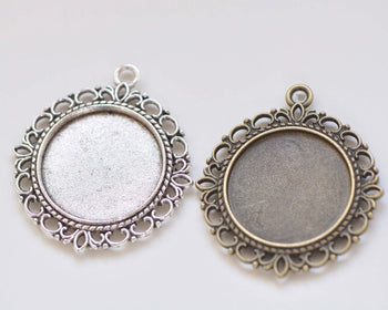 10 pcs Antique Bronze/Silver Round Pendant Tray DOUBLE SIDED Base Settings Match 25mm Cabochon