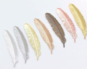 10 pcs Brass Feather Embellishment Stampings 12x53mm Various Colors Available