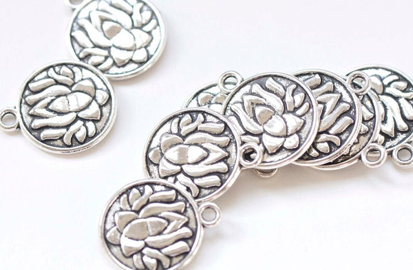 10 pcs Lotus Flower Pendants Antique Silver Round Religious Charms 20x24mm