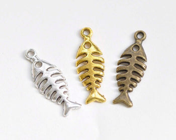 10 pcs Antique Bronze/Silver/Gold Filigree Fish Bone Pendants Charms 9x25mm