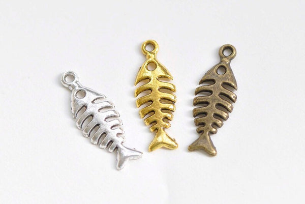 10 pcs Antique Bronze/Silver/Gold Filigree Fish Bone Pendants Charms 9x25mm