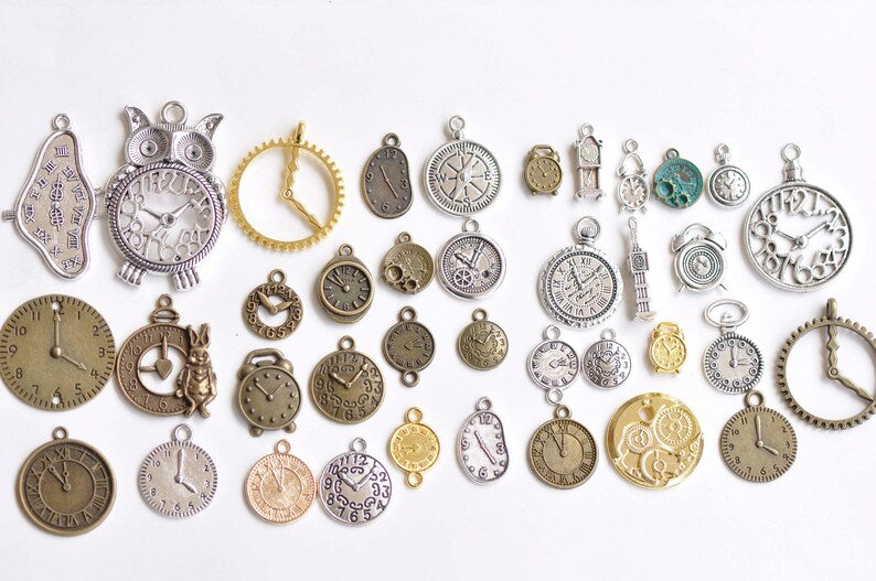 Antique Bronze/Silver Clock Watch Time Charms Mixed Style