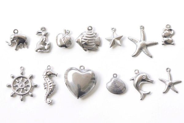 Stainless Steel 3D Charms Pendants Heart Apple Scallop Rudder Elephant Rabbit Starfish Mouse