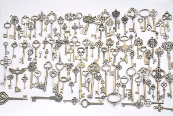 Antique Bronze Medium Large Skeleton Key Charms Pendants Wedding Favor Collection Assorted Mixed Style Set of 107