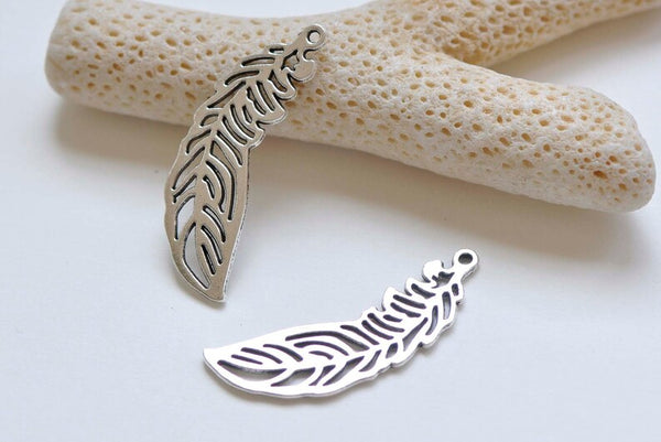10 pcs Antique Silver Filigree Feather Charms Pendants 12x36mm A3848