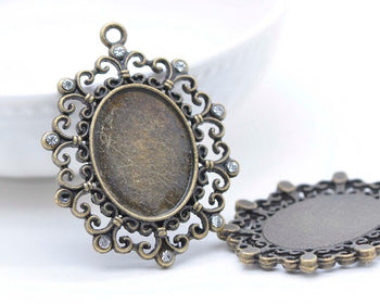 5 pcs Oval Cameo Rhinestone Base Settings Antique Bronze Pendant Tray Match 30x40mm