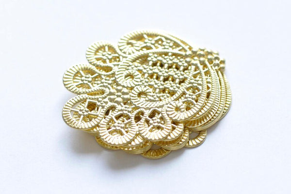 10 pcs Raw Brass Filigree Flower Round Embellishments 36x41mm A8824