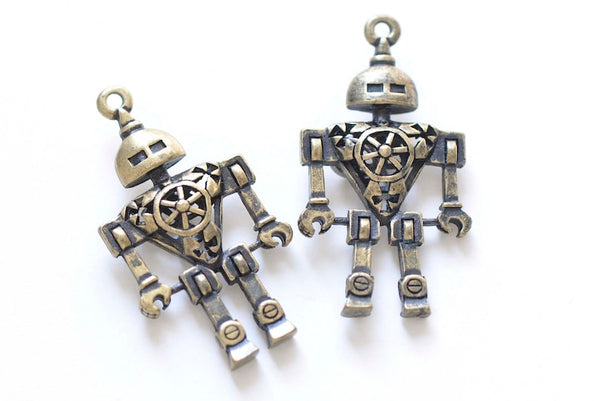 4 pcs Antique Bronze Filigree 3D Robot Charms Pendants 24x45mm