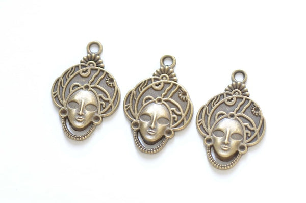 10 pcs of Antique Bronze Halloween Lady Mask Charms 20x31mm