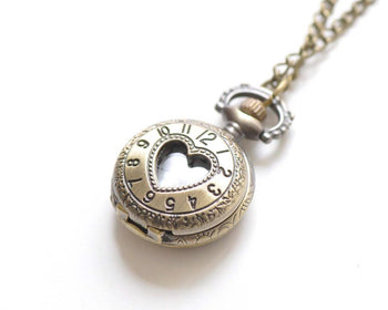 Antique Bronze Small Cut Out Heart Cover Round Pocket Watch Set of 1 A8828