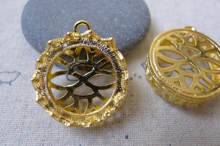 4 pcs Gold Tone Brass Filigree Round Base Settings Match 20mm Cameo A2789