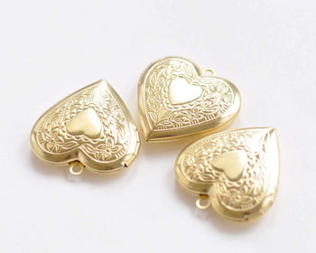 4 pcs of Raw Brass Heart Shaped Photo Lockets 29mm