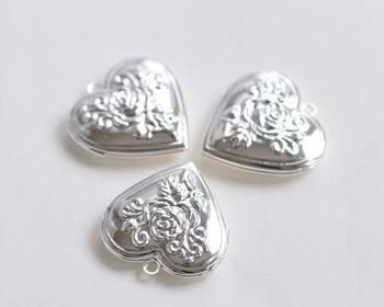 4 pcs of Shiny Silver Rose Flower Heart Shaped Photo Lockets 29mm