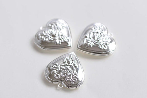 4 pcs of Shiny Silver Rose Flower Heart Shaped Photo Lockets 29mm