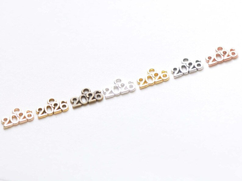 50 pcs New Year 2026 Charms Shiny Gold/Antique Silver/Antique Bronze