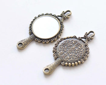 2 pcs Antique Bronze Small Fancy Real Glass Hand Mirror Pendant 31.5x58mm
