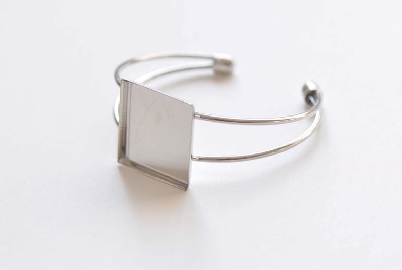 Platinum Silvery Gray Square Bangle Bracelet Blanks Bezel Match 25mm Cabochon Set of 1