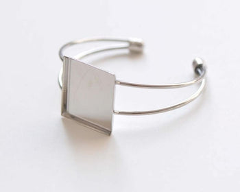 Platinum Silvery Gray Square Bangle Bracelet Blanks Bezel Match 25mm Cabochon Set of 1