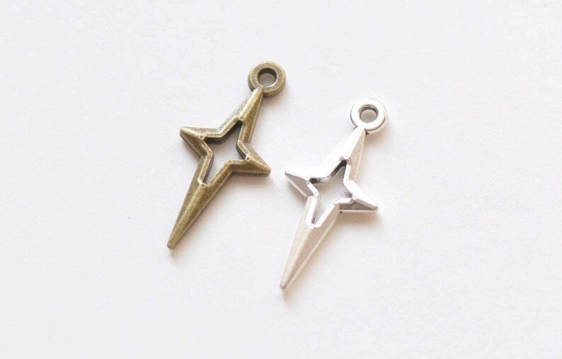 Antique Bronze/Silver Cut Out Four Pointed Star Tiny Charms 10x22mm Set of 50