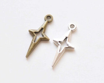 Antique Bronze/Silver Cut Out Four Pointed Star Tiny Charms 10x22mm Set of 50