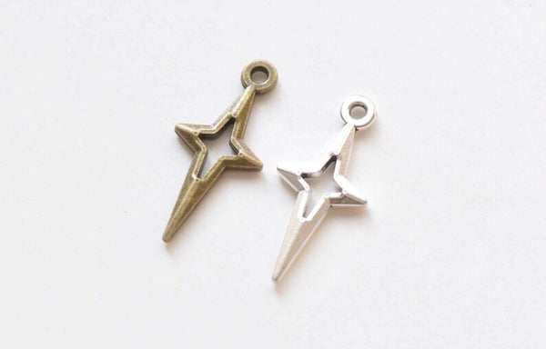Antique Bronze/Silver Cut Out Four Pointed Star Tiny Charms 10x22mm Set of 50
