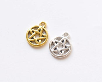 Antique Silver/Gold Wicca Pentagram Charms Circle Pendants 12mm Set of 50