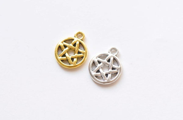 Antique Silver/Gold Wicca Pentagram Charms Circle Pendants 12mm Set of 50