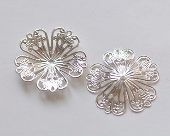 10 pcs Shiny Silver Five Petal Large Filigree Flower Bead Cap Embellishments 32mm