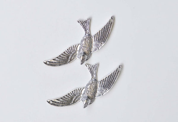 10 pcs Antique Silver Swallow Bird Dove Charms Two Loops 38x72mm
