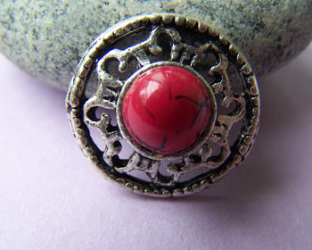 10 pcs Antique Silver Red Coral Buttons Charms  18mm A1688