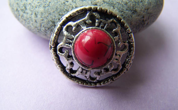 10 pcs Antique Silver Red Coral Buttons Charms  18mm A1688