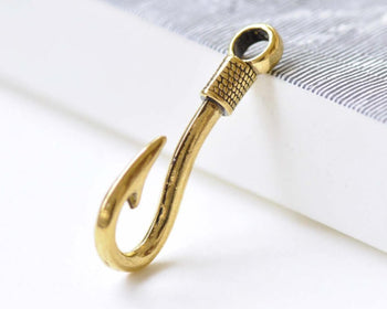 10 pcs Antique Gold Fish Hook Charms Large Hole Hook Pendants A8521