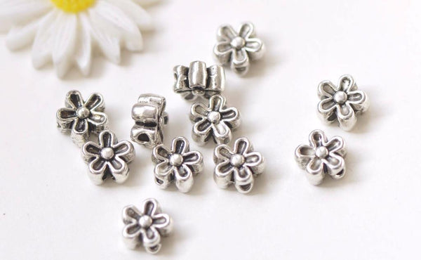 50 pcs of Antique Silver Rondelle Rose Flower Beads   7mm A2774