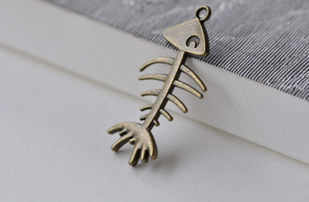 Fish Bone Charms Antique Bronze Skeleton Pendants Set of 10 A7930