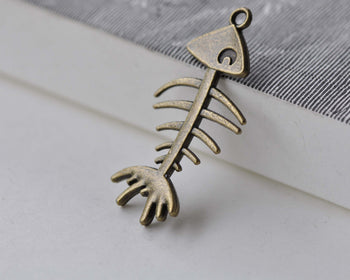Fish Bone Charms Antique Bronze Skeleton Pendants Set of 10 A7930