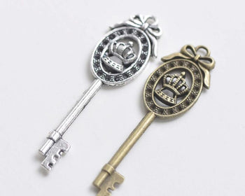 Antique Bronze/Silver Bowtie Crown Key Pendants Set of 8