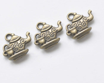 Antiqued Bronze Tea Pot Set Tea Cup Charms Pendants Set of 20