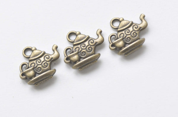 Antiqued Bronze Tea Pot Set Tea Cup Charms Pendants Set of 20