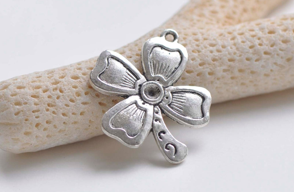 Antique Silver Lucky Flower Four-Leaf Clover Charms Set of 10