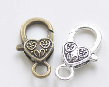 10 pcs Antiqued Bronze/Silver Heart Lobster Clasps 14x26mm