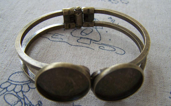 Accessories - 1 Pc Antique Bronze Brass Bracelet Cuff With Double Bezel Match 20mm Cabochon A2433