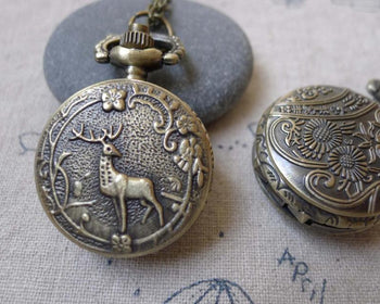 Pocket Watch - 1 PC Antique Bronze Deer Flower Pocket Watch A7198