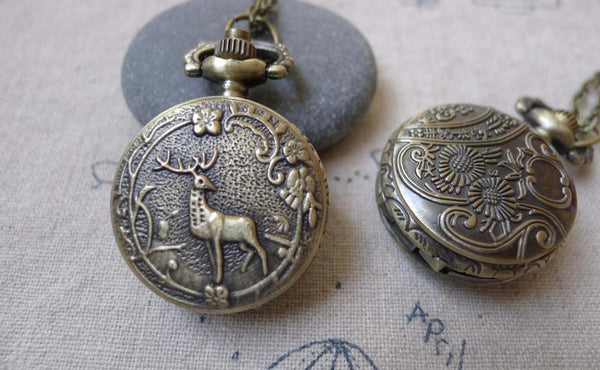 Pocket Watch - 1 PC Antique Bronze Deer Flower Pocket Watch A7198