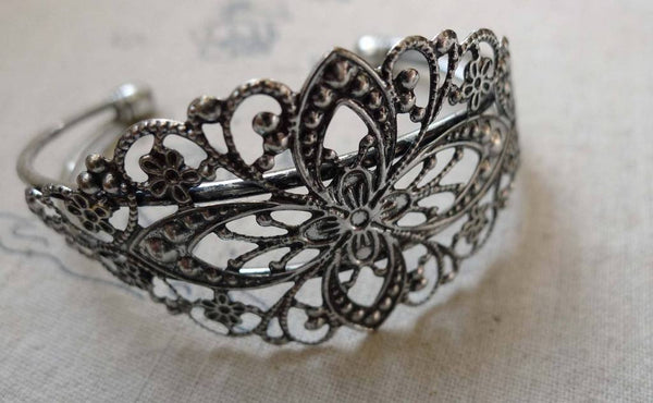 Bracelet - 1 pc Antique Silver Brass Filigree Flower Bangle Bracelet  A6318
