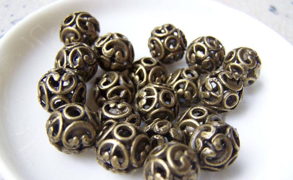 Accessories - 10 Pcs Antique Bronze 3D Filigree Flower Ball Beads 11mm  A331