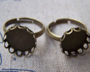 Accessories - 10 Pcs Antique Bronze Adjustable Ring Blank Shank Base With 12mm Bezel Lace Edge A3889