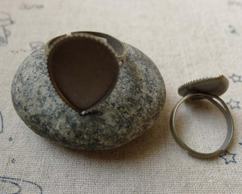 Accessories - 10 Pcs Antique Bronze Adjustable Tear Drop Ring Blank Shank Base With 13x18mm Bezel A6175